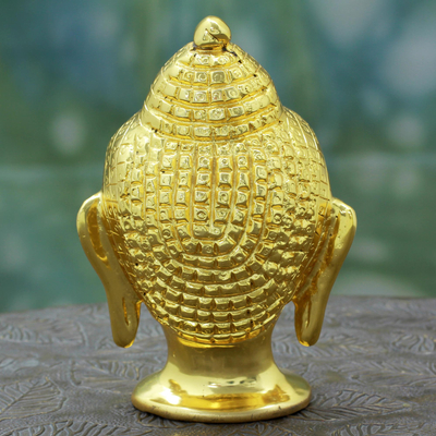 Gold plated brass figurine, 'Golden Siddhartha Head' - Hand Made Gold Plated Brass Buddha Head from India