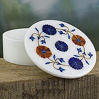 Marble inlaid jewelry box, 'Flower Ring' - Indian Marble Jewelry Box with Floral Motif of Inlaid Stones