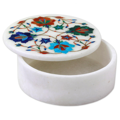 Marble jewelry box, 'Floral Jubilee' - Indian Hand Carved Marble Jewelry Box With Floral Top