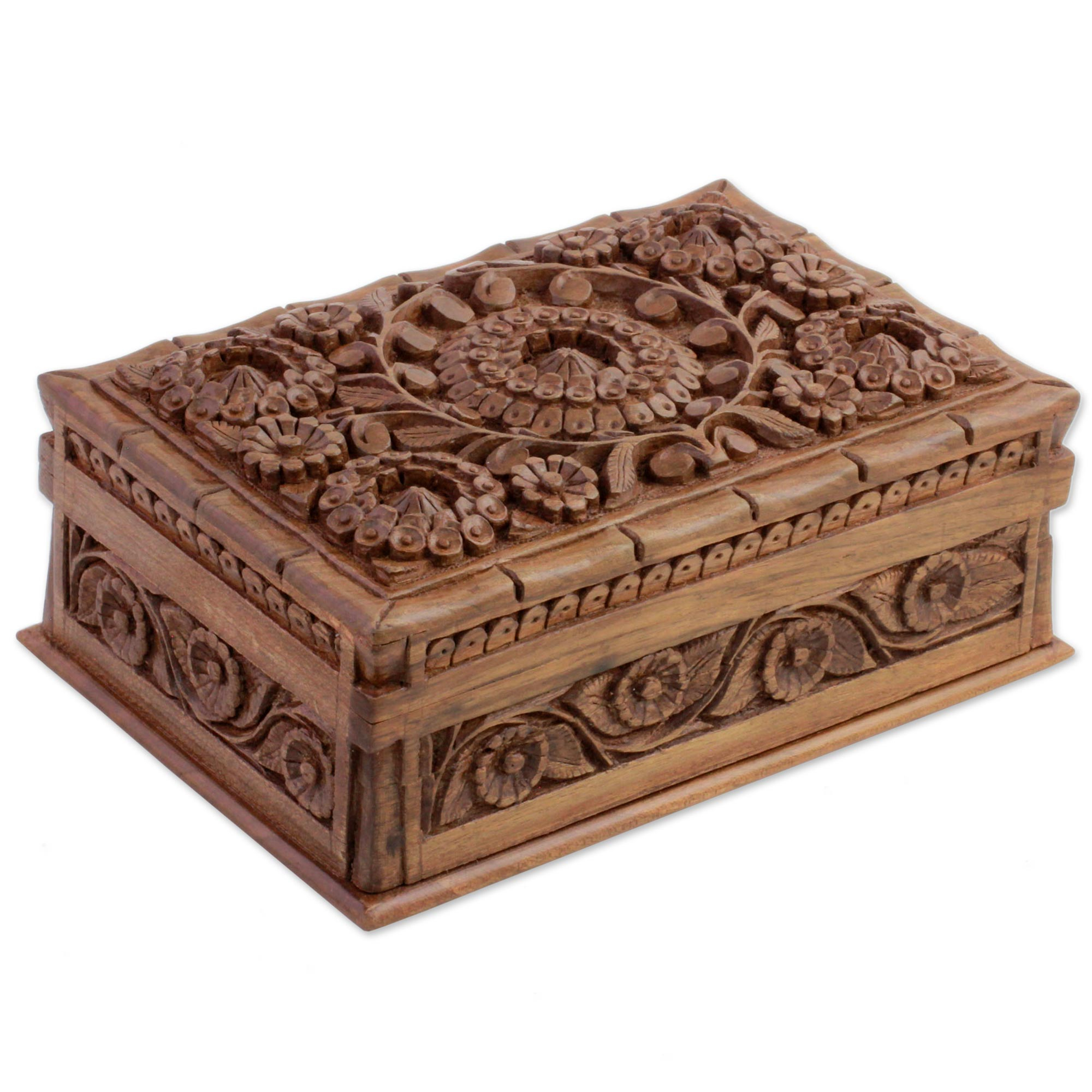 Hand Carved Indian Walnut Wood Floral Jewelry Box - Kashmir Floral ...