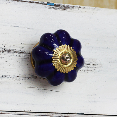 Ceramic cabinet knobs, 'Floral Beauties in Indigo' (set of 6) - Hand Made Ceramic Cabinet Knobs Floral Blue (Set of 6) India