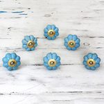 Ceramic cabinet knobs, 'Floral Beauties in Sky Blue' (set of 6) - Ceramic Cabinet Knobs Floral Sky Blue (Set of 6) from India