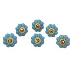 Ceramic cabinet knobs, 'Floral Beauties in Sky Blue' (set of 6) - Ceramic Cabinet Knobs Floral Sky Blue (Set of 6) from India