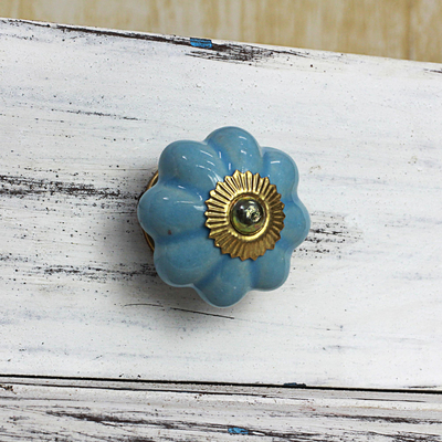 Ceramic cabinet knobs, 'Floral Beauties in Sky Blue' (set of 6) - Ceramic Cabinet Knobs Floral Sky Blue (Set of 6) from India