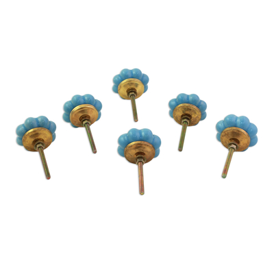 Ceramic cabinet knobs, 'Floral Beauties in Sky Blue' (set of 6) - Ceramic Cabinet Knobs Floral Sky Blue (Set of 6) from India