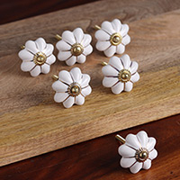 Ceramic cabinet knobs, 'Pale Floral Beauties' (set of 6) - Ceramic Cabinet Knobs Floral Off-White (Set of 6) India