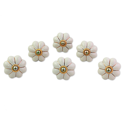 Perillas de gabinete de cerámica, (juego de 6) - Tiradores De Cerámica Para Gabinete Floral Blanco Hueso (Juego De 6) India
