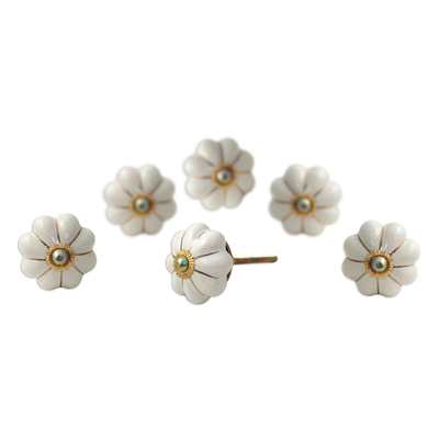 Ceramic cabinet knobs, 'Pale Floral Beauties' (set of 6) - Ceramic Cabinet Knobs Floral Off-White (Set of 6) India