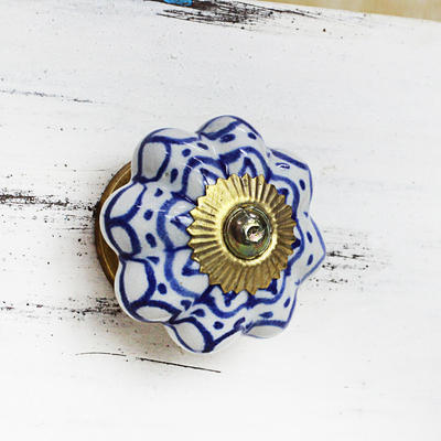 Ceramic cabinet knobs, 'Radiant Blue Flowers' (set of 6) - Ceramic Brass Cabinet Knobs Floral (Set of 6) from India