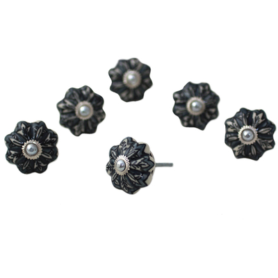 Ceramic cabinet knobs, 'Flower Harmony in Grey' (set of 6) - Ceramic Cabinet Knobs Floral Grey (Set of 6) India