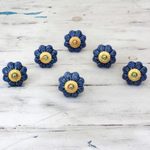 Ceramic cabinet knobs, 'Flower Harmony in Blue' (set of 6) - Ceramic Cabinet Knobs Floral Blue (Set of 6) from India