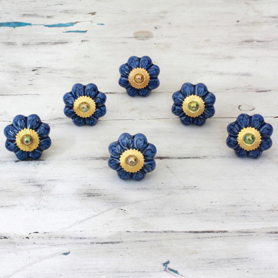 Ceramic cabinet knobs, 'Flower Harmony in Blue' (set of 6) - Ceramic Cabinet Knobs Floral Blue (Set of 6) from India