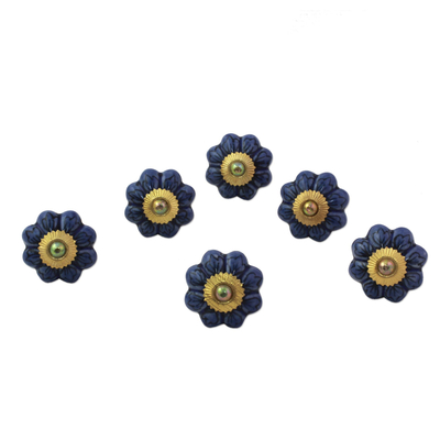 Keramik-Möbelknöpfe, „Flower Harmony in Blue“ (6er-Set) – Keramik-Möbelknöpfe Floral Blue (6er-Set) aus Indien