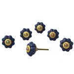 Ceramic cabinet knobs, 'Flower Harmony in Blue' (set of 6) - Ceramic Cabinet Knobs Floral Blue (Set of 6) from India