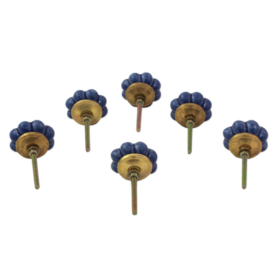 Ceramic cabinet knobs, 'Flower Harmony in Blue' (set of 6) - Ceramic Cabinet Knobs Floral Blue (Set of 6) from India