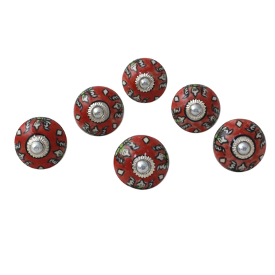 Ceramic cabinet knobs, 'Charming Red Flowers' (set of 6) - Ceramic Cabinet Knobs Floral Red (Set of 6) from India