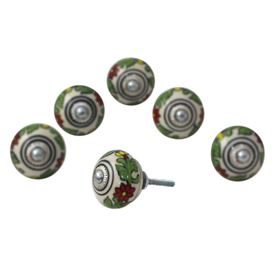 Ceramic cabinet knobs, 'Kitchen Garden' (set of 6) - Ceramic Cabinet Knobs Floral Green (Set of 6) from India