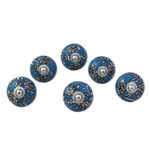 Ceramic cabinet knobs, 'Charming Blue Flowers' (set of 6) - Ceramic Cabinet Knobs Floral Blue and White (Set of 6) India