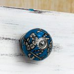 Ceramic cabinet knobs, 'Charming Blue Flowers' (set of 6) - Ceramic Cabinet Knobs Floral Blue and White (Set of 6) India