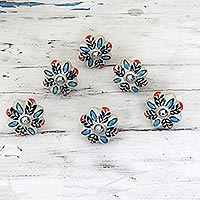 Ceramic cabinet knobs, 'Multicolored Flower Harmony' (set of 6) - Hand Made Ceramic Cabinet Knobs Floral (Set of 6) India