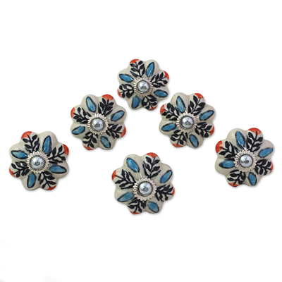 Ceramic cabinet knobs, 'Multicolored Flower Harmony' (set of 6) - Hand Made Ceramic Cabinet Knobs Floral (Set of 6) India
