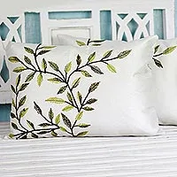 Polyester cushion covers, 'Alluring Green' (pair) - Leaf Cushion Cover Pair Made in India Embroidered