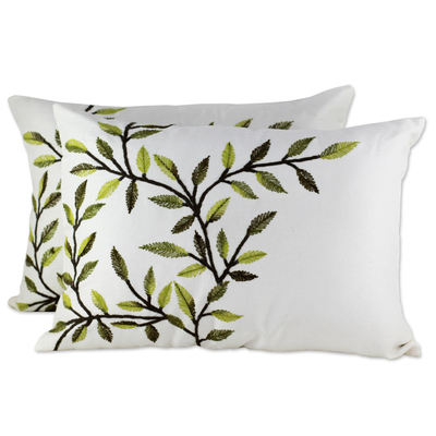 Polyester cushion covers, 'Alluring Green' (pair) - Leaf Cushion Cover Pair Made in India Embroidered