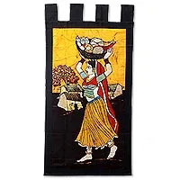 Colgante de pared de batik de algodón, 'Vendedor de verduras frescas' - Colgante de pared de algodón batik tradicional hecho a mano de la India