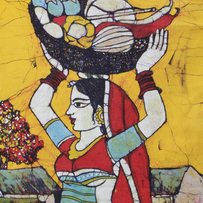 Cotton batik wall hanging, 'Fresh Vegetable Vendor' - Handmade Traditional Batik Cotton Wall Hanging from India