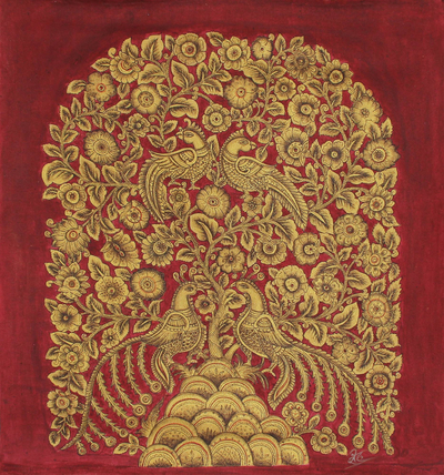 pintura Kalamkari - Acrílico indio rojo y dorado sobre lienzo Pintura de la naturaleza