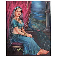 'Queen of Jaipur' - Classic Jaipur Queen Signed Painting from India Art