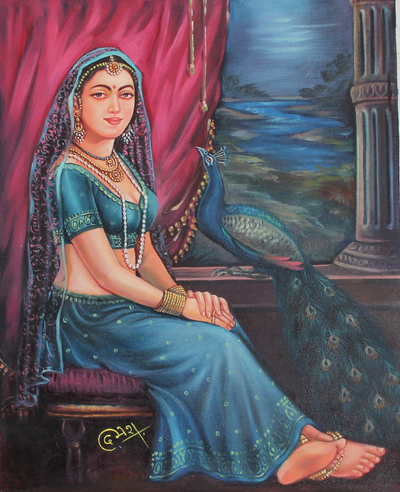 'Queen of Jaipur' - Classic Jaipur Queen Signed Painting from India Art