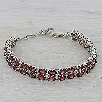 Garnet tennis bracelet, 'Fiery Glam' - 41 Garnets on 925 Silver Tennis Bracelet Jewellery from India