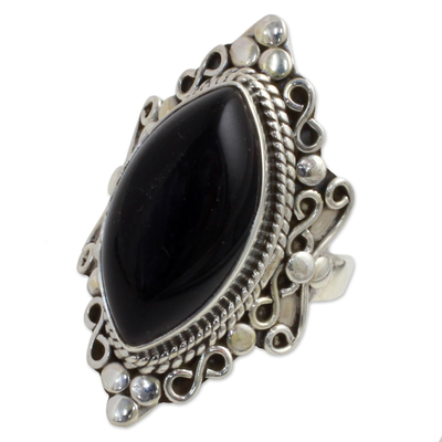 Onyx cocktail ring, 'Lover's Midnight Gaze' - Hand Made Sterling Silver Onyx Cocktail Ring from India