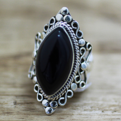 Onyx cocktail ring, 'Lover's Midnight Gaze' - Hand Made Sterling Silver Onyx Cocktail Ring from India
