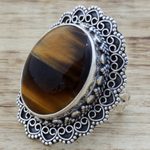Tiger's eye cocktail ring, 'Halo of Petals' - Hand Made Sterling Silver Tiger's Eye Cocktail Ring India