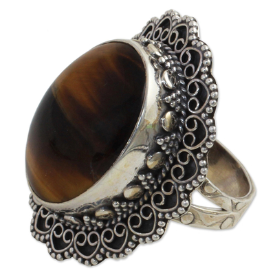 Tiger's eye cocktail ring, 'Halo of Petals' - Hand Made Sterling Silver Tiger's Eye Cocktail Ring India