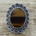 Tiger's eye cocktail ring, 'Halo of Petals' - Hand Made Sterling Silver Tiger's Eye Cocktail Ring India