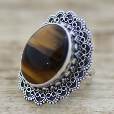 Tiger's eye cocktail ring, 'Halo of Petals' - Hand Made Sterling Silver Tiger's Eye Cocktail Ring India