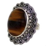 Tiger's eye cocktail ring, 'Halo of Petals' - Hand Made Sterling Silver Tiger's Eye Cocktail Ring India