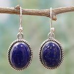 Lapis lazuli dangle earrings, 'Deep Blue Grandeur' - Oval Lapis Lazuli and Sterling Silver Dangle Earrings