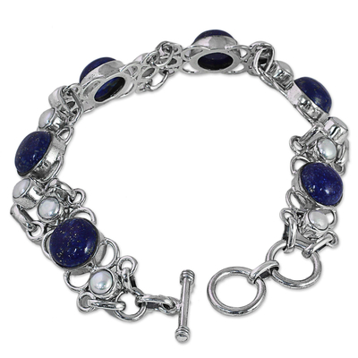 Cultured pearl and lapis lazuli link bracelet, 'Twilight Garden' - Lapis Lazuli and Cultured Pearl Sterling Silver Bracelet