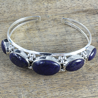 Brazalete de lapislázuli - Brazalete de plata de ley y piedras preciosas de lapislázuli