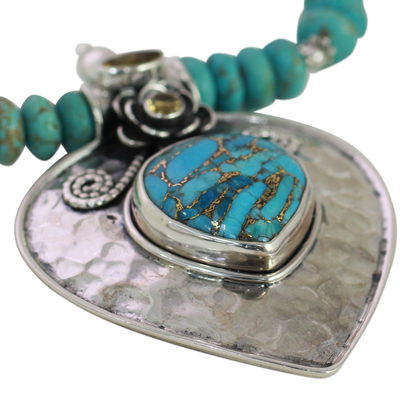 Citrine and composite turquoise pendant necklace, 'Heartfelt Bloom' - Citrine and Composite Turquoise Heart Pendant Necklace