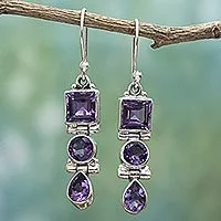 Amethyst dangle earrings, 'Lavender Glamour' - Three Stone Faceted Amethyst Sterling SIlver Dangle Earrings