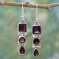 Garnet dangle earrings, 'Radiant Glamour' - Geometric Garnet and Sterling Silver Dangle Earrings