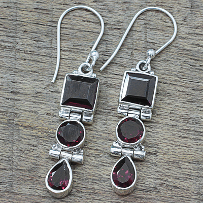Garnet dangle earrings, 'Radiant Glamour' - Geometric Garnet and Sterling Silver Dangle Earrings