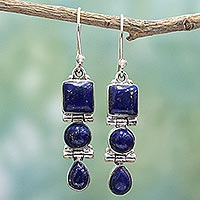 Pendientes colgantes de lapislázuli, 'Royal Blue Glamour' - Pendientes colgantes multiforma de lapislázuli y plata de ley
