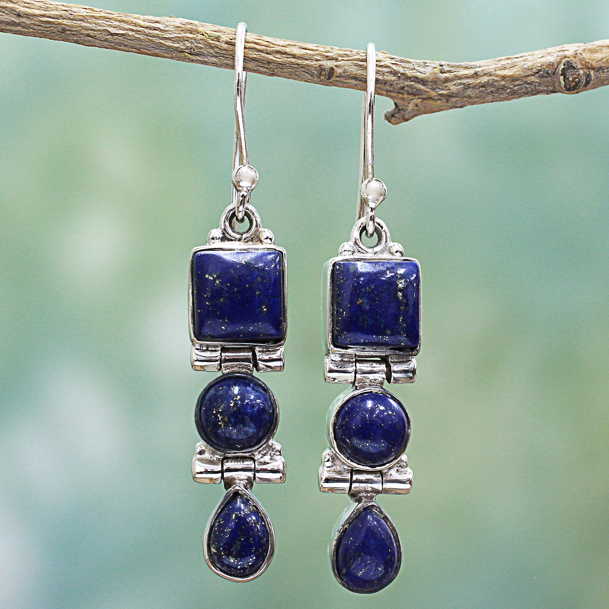 Lapis Lazuli and Sterling Silver Multi Shape Dangle Earrings, 'Royal Blue  Glamour'