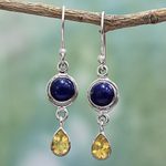 Lapis lazuli and citrine dangle earrings, 'Drops of Sun' - Lapis Lazuli and Citrine Sterling Silver Dangle Earrings